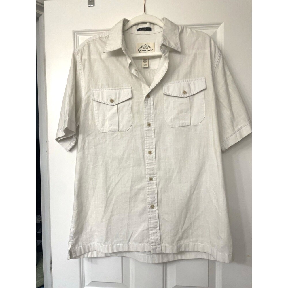 St John's Bay Classic Fit M off-white Short Sleeve Cotton Button-Up Shirt Pocket